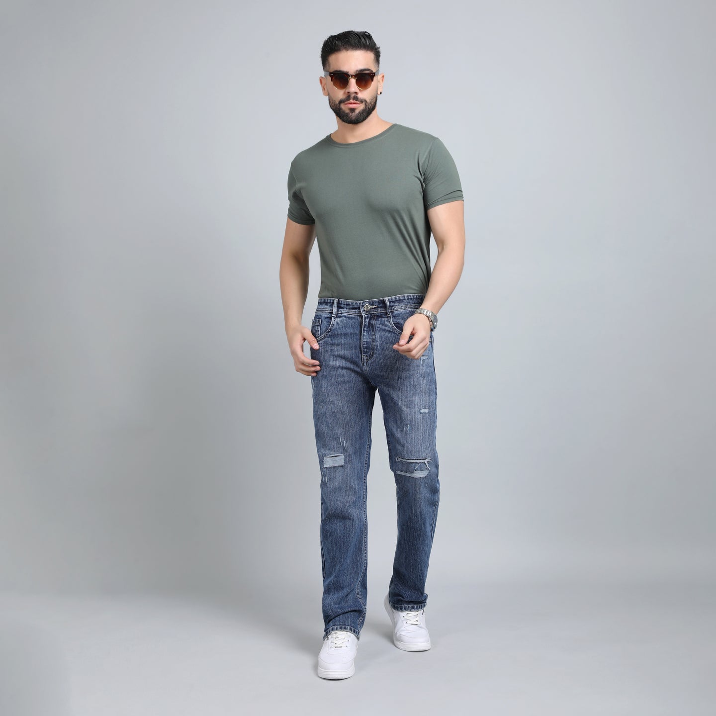 LIGHT GREY BAGGY FIT DISTRESSED JEANS TEDDY 4682-2